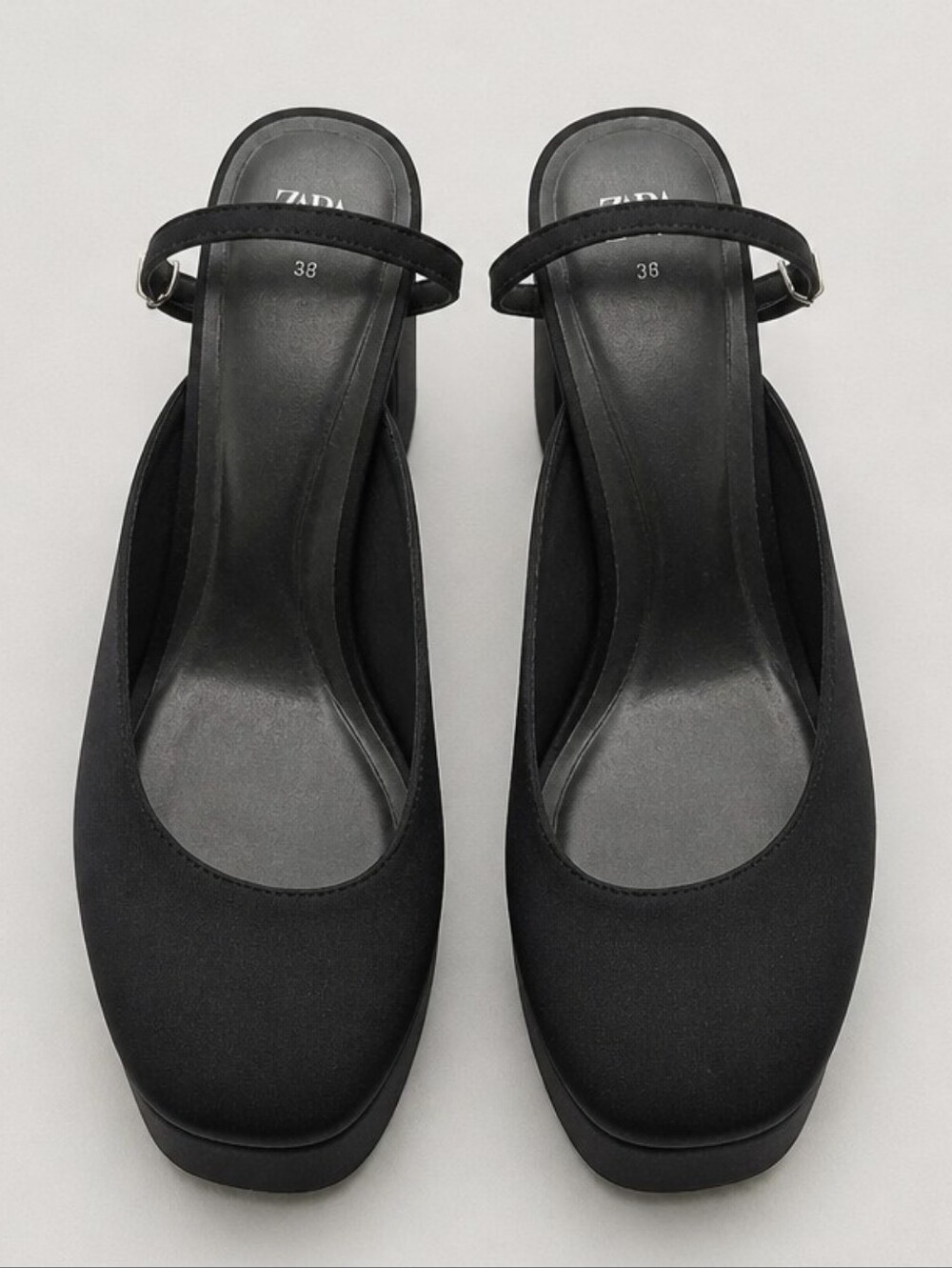 Zara Black Satin Platform Ankle Wrapping Slingback Heels Size 39 EU Chunky Retro